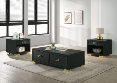 3pc Contemporary Coffee Table Drawers Open Shelf, Black Gold