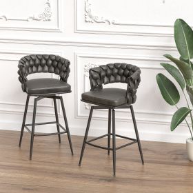 Technical Leather Woven Bar Stool Set of 2, Black legs