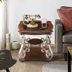End table, marble paper top, powder coat finish metal legs