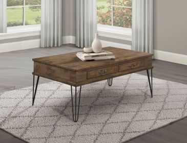Rustic Oak & Black Finish Cocktail Table Metal Legs Solid Wood