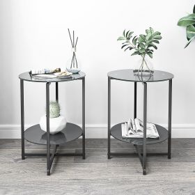 2-piece set  Tempered Glass End Stand;  Round Coffee Table (Color: Black)