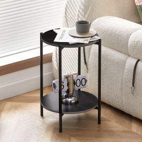 2-layer End Stand with Tempered Glass and Marble Tabletop (Color: Black+Black+Marble)