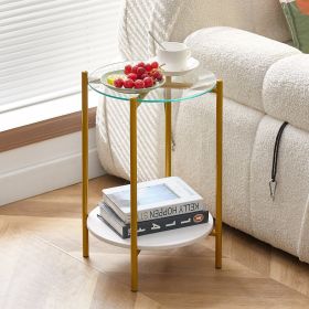 2-layer End Stand with Tempered Glass and Marble Tabletop (Color: White+Golden+Glass)