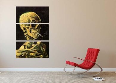 Skull With Burning Cigarette By Van Gogh 3 Split Panel Canvas Print (Type: Standard Framed Canvas Print (Split-Panel), size: Medium (48" x 32" Total))