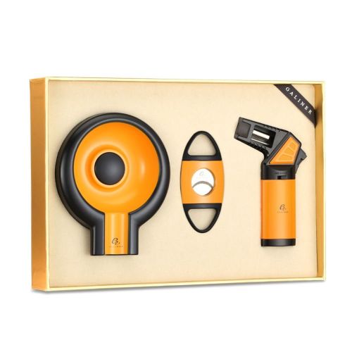 GALINER Travel Cigar Set Torch Lighters W/ Cigar Punch Sharp Cutter Tobacco Guillotine Metal Ashtray Leather Cigar Case 2 Tube